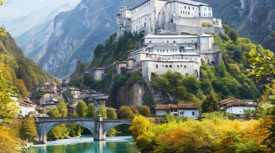 Village avec son énorme forteresse dans la vallée d'Aoste